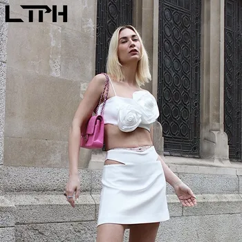 LTPH elegantiškas paramos gėlių camisole viršūnes moterų sexy streetwear rankovių super-trumpas baltas pasėlių viršų šviesos luxury2022 vasaros, nauja